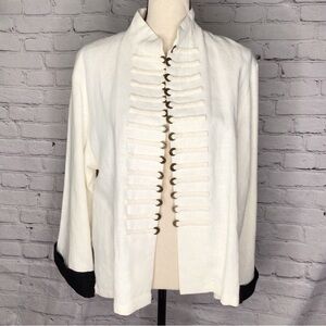 Peacock Ways White Open Front Mandarin Collar Coin Detail Jacket XL NWT
